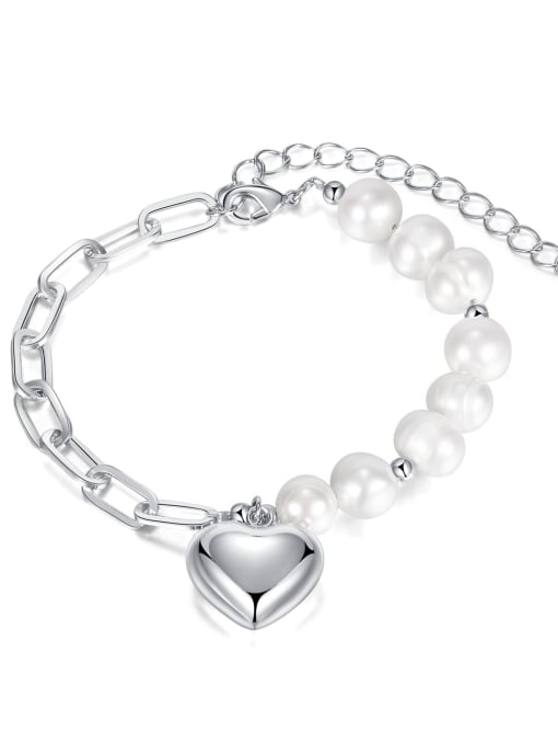 [1286] steel bracelet steel color Stainless steel Freshwater Pearl Heart Minimalist Link Bracelet